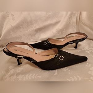 AK Anne Klein Black Satin Rhinestone Kitten Heels Size 6.5M
